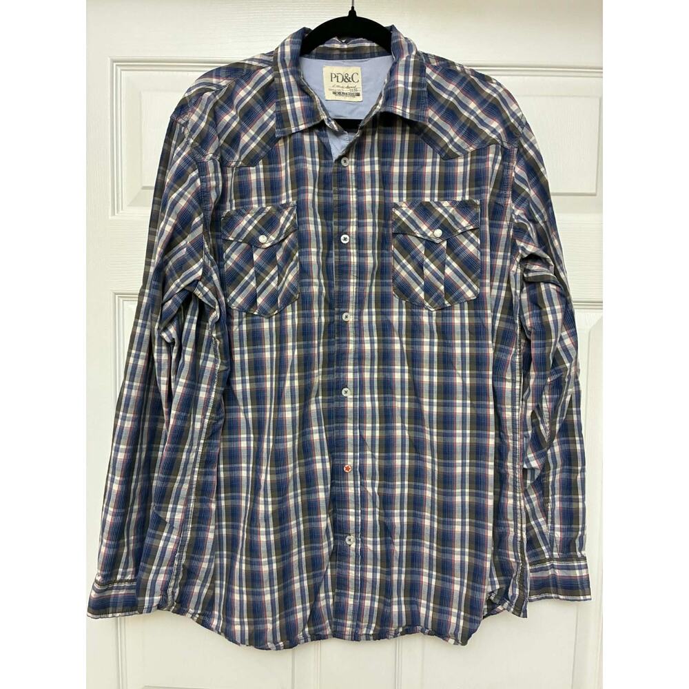 PD&C Mens XL Plaid‎ Western Snap Shirt Blue Brown Cowboy Pearl Snap